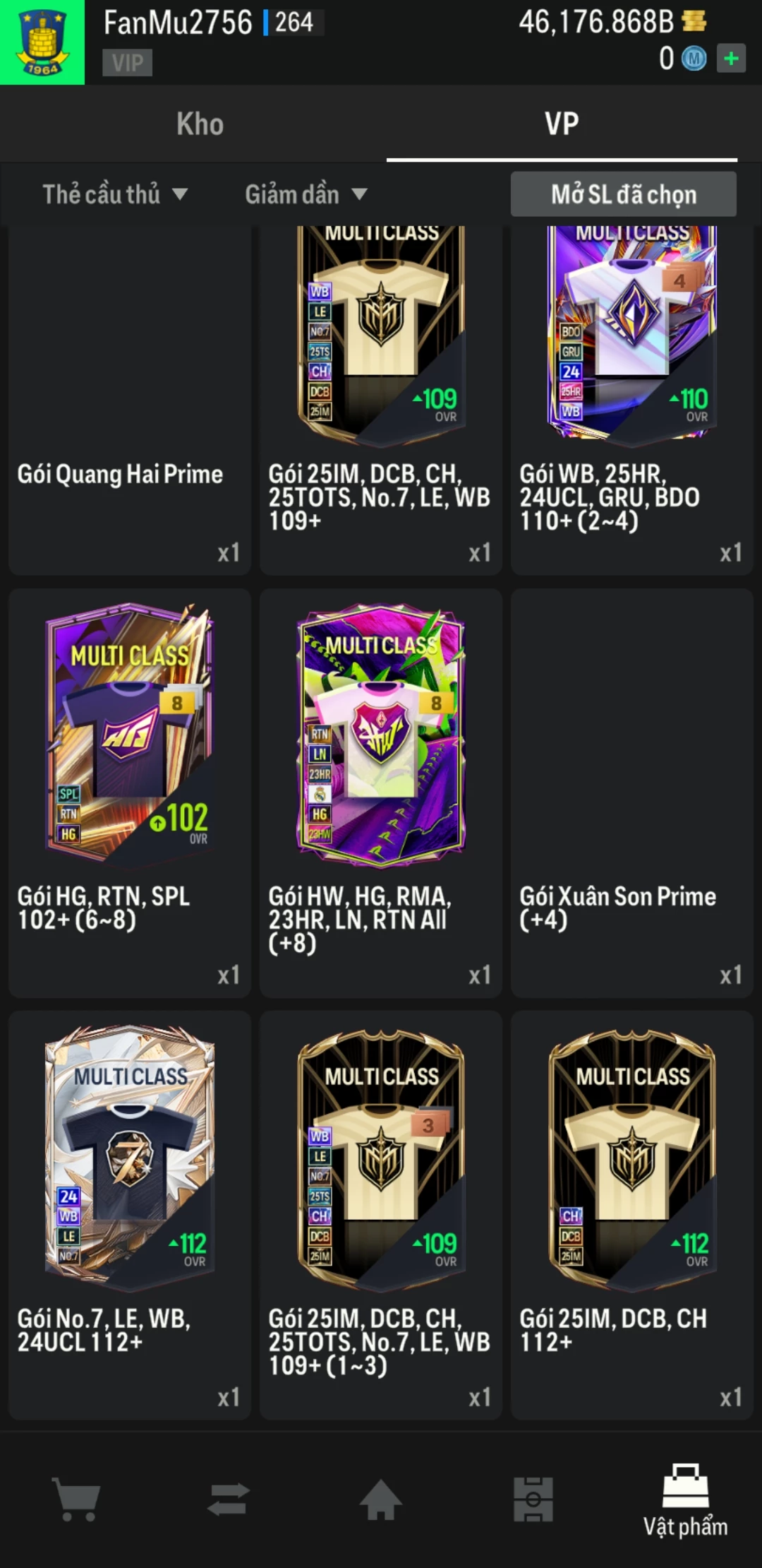 Ảnh ACC mở thẻ (LOẠI SVIP PROMAX) bao gồm có thẻ +12, thẻ Prime (có QH, CP, XS) và 1500+ đến 2000+ thẻ cầu thủ từ Siêu sao đến Miền núi các loại khác. Có sẵn BP trắng trong acc từ 40.000 tỷ BP đến 46.000 tỷ BP kèm theo nhiều ngày SVIP